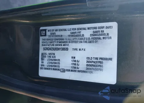 2003 Hummer H2 from USA, damaged, VIN 5GRGN23U83H138609